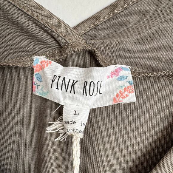 Pink Rose Top Size L Olive Green Modal Front Tie Short Sleeve Boho Basic Fall - Picture 4 of 10